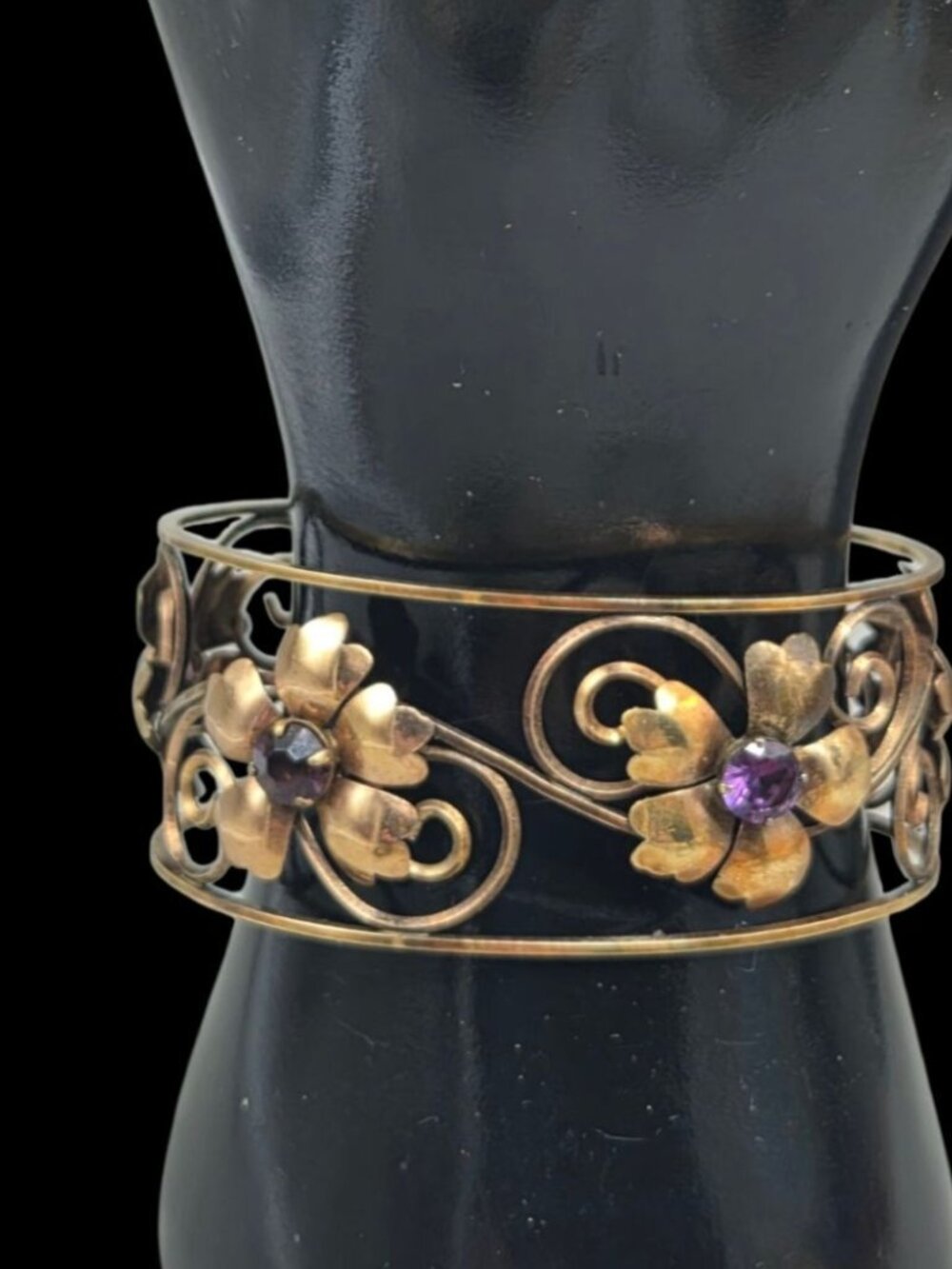 VTG Harper 1/20 12K Gold Filled Filigree Amethyst Flower Cuff Bracelet 6.5" - Picture 2 of 16